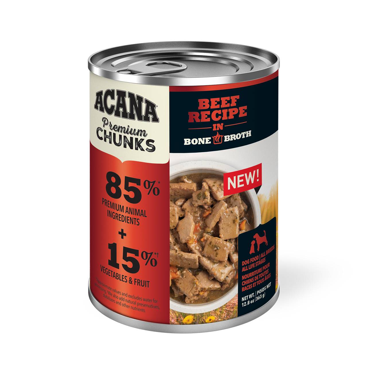 ACANA Premium Chunks Wet Dog Food Beef Recipe Front 12.8oz-3.63g